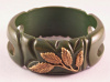 BB125 brass leaves green bakelite bangle